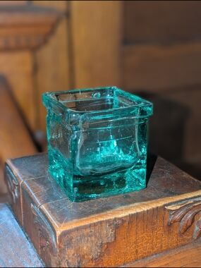 Vintage Made in Spain Original Recycled Glass Green Cube Candle Holder 3”